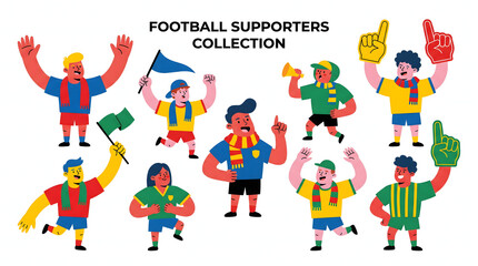 Fototapeta premium Diverse football fans collection cheering with flags and foam fingers for a sports match.