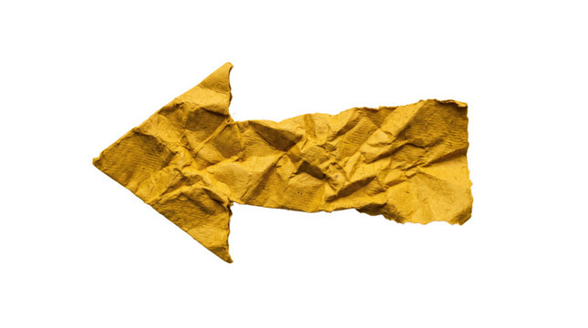 Crumpled dark yellow paper arrow pointing left, isolated on transparent background for direction and navigation