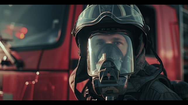 Professional Firefighter Wearing Breathing Apparatus and Protective Helmet in Front of Fire Engine, Emergency Rescue Worker, Fire Department, First Responder Safety Portrait
