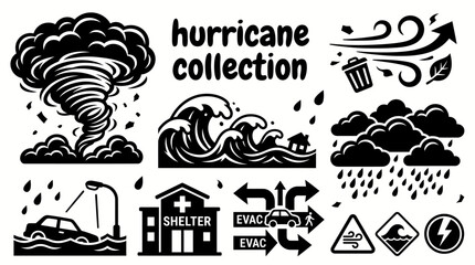 hurricane disaster elements featuring cyclone clouds storm surges powerful winds rain bands flooded streets emergency shelters evacuation routes set for disaster preparedness meteorology © Ethan