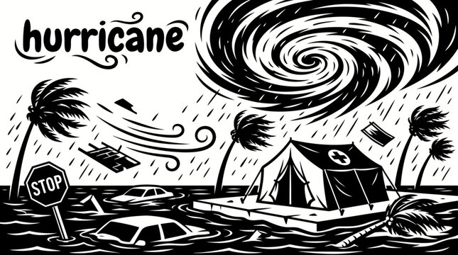 hurricane disaster elements featuring cyclone clouds storm surges powerful winds rain bands flooded streets emergency shelters evacuation routes vector for disaster preparedness meteorology
