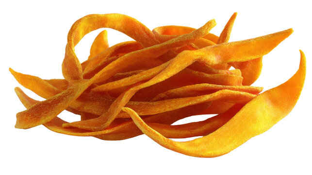 Dried mango fruit strips curled and twisted, natural dehydrated organic snack with sweet tropical flavor for healthy diet, isolated on white background