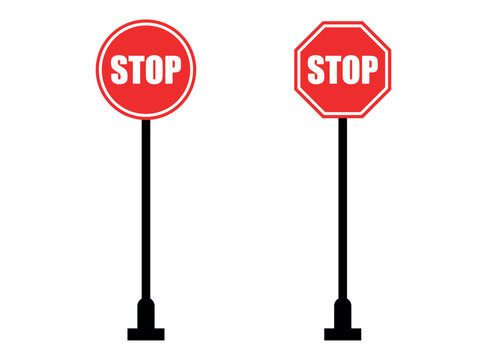 Stop sign vector. Red stop sign octagonal and circle with pole. 