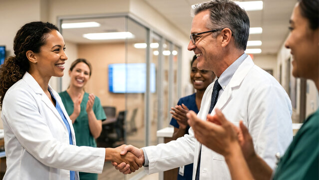 Close-up view of doctors and healthcare professionals shaking hands while colleagues applaud in a modern hospital setting, focused on teamwork, achievement, and clinical partnership.