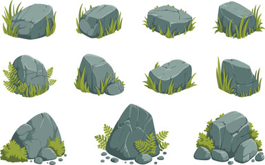 Natural stone rocks, mossy boulders with grass isolated landscape elements flat vector illustration collection set © Arishfa