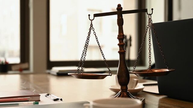 Brass scales of justice on a law office desk. Legal balance symbol for courtroom litigation.