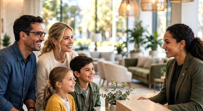 A smiling family of four standing together at a stylish hotel reception desk while checking in for their vacation.