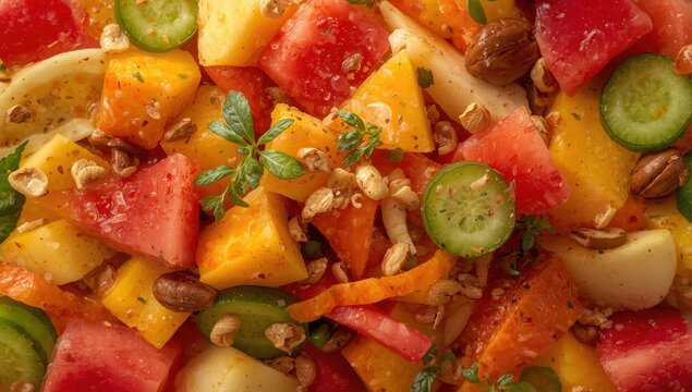 Vibrant tropical produce displayed from above.