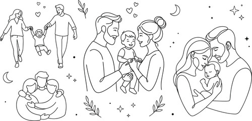 Fototapeta premium Minimalist Happy Family and Parenthood Line Art Icon Set Featuring Parents Walking with Child Mother and Father Holding Toddler Newborn Baby and Cozy Family Hug Illustrations