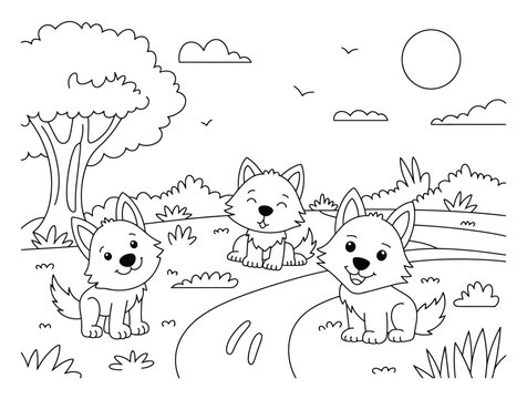 Lindos cachorros de lobo jugando en un bosque soleado