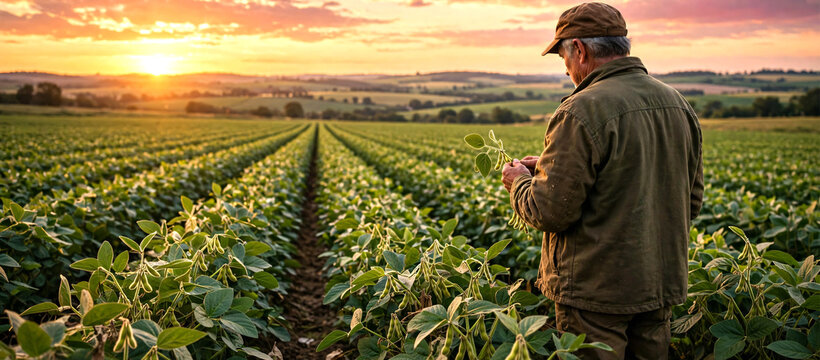 A seasoned farmer viewed from behind standing quietly in a lush soybean field during sunset, inspecting crop growth and field conditions before harvest. 