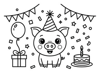 Lindo dibujo de un cerdito celebrando su cumpleaños para colorear © Habibur