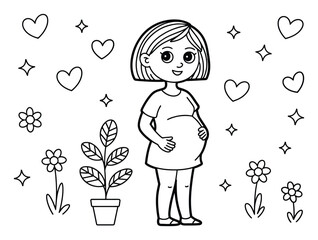 Dibujo para colorear de una linda mujer embarazada para niños y adultos