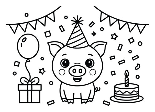 Lindo dibujo de un cerdito celebrando su cumplea&ntilde;os para colorear