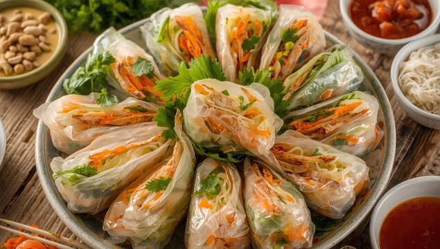 Vietnamese spring rolls, also known as gỏi cuốn, are a traditional dish made with chicken, shrimp, vegetables, b&uacute;n, and various fillings wrapped together.