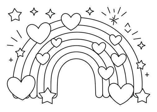 Dibujo para colorear de un lindo arco&iacute;ris con corazones y estrellas para ni&ntilde;os