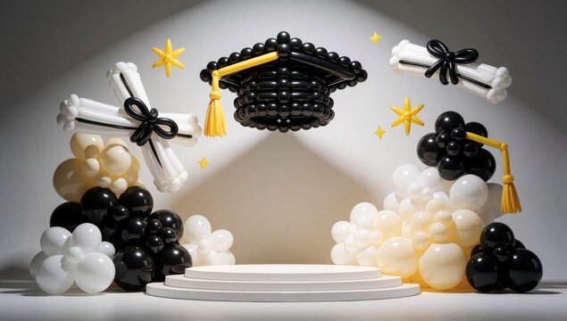 Rendering stage decorated black white balloons arranged way form pyramid-like structure pedestal bottom top py