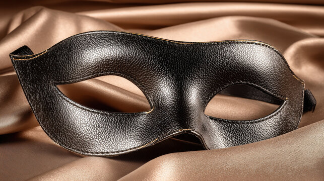 Elegant black leather masquerade mask resting on luxurious satin fabric, evoking mystery and allure. Sophisticated black leather mask with eye openings is artfully draped over shimmering golden satin