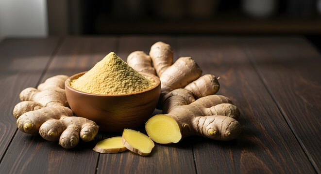Fresh ginger root and ground powder in wooden bowl.