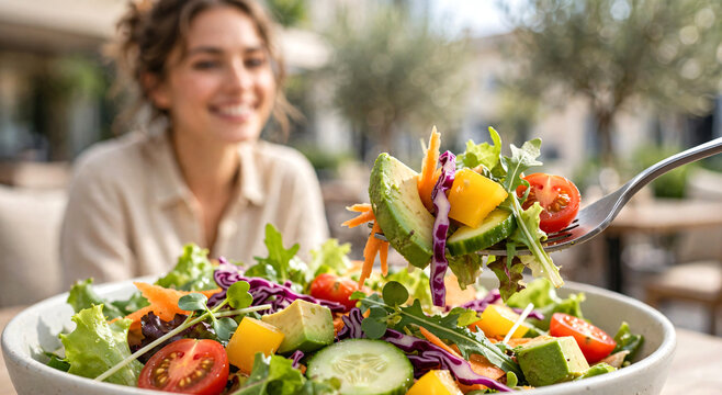 A close-up food lifestyle scene of a woman eating a nutritious mixed salad, with the primary focus on the fork holding fresh vegetables above a colorful salad bowl.