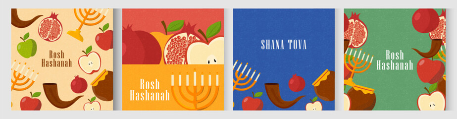 Shana Tova. Rosh Hashanah greeting card, cover, holiday web banner, poster background.  colorful rosh hashana celebration Jewish New Year with apple and pomegranate pattern in trendy modern art style. © Jeff design