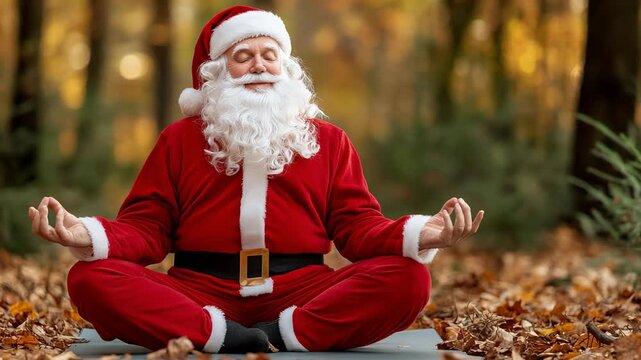 Santa meditates in autumn forest embracing calm and nature
