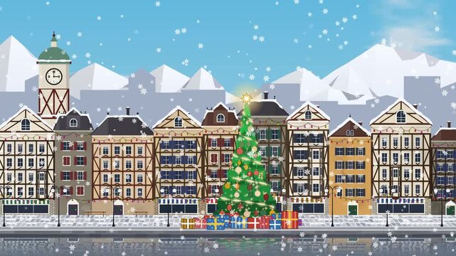 charming Xmas Tree, festive European town glows with Christmas lights, loopable day-to-night time lapse animation