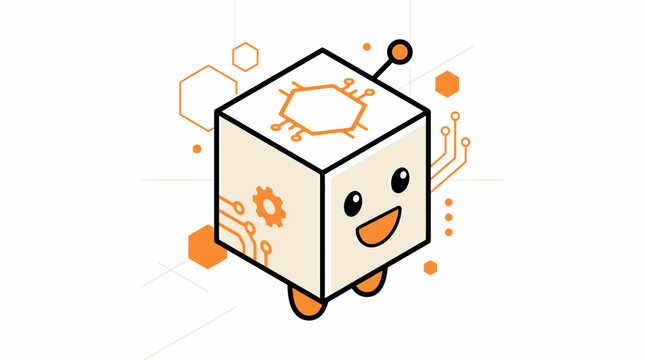 Smiling robot cube with orange details.