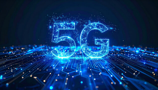 Glowing 5G text on futuristic blue circuit board background