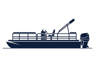 Pontoon Boat Silhouette Icon - Modern Nautical Marine Illustration for Summer Lake Recreation and Outboard Motor Design © Nadya