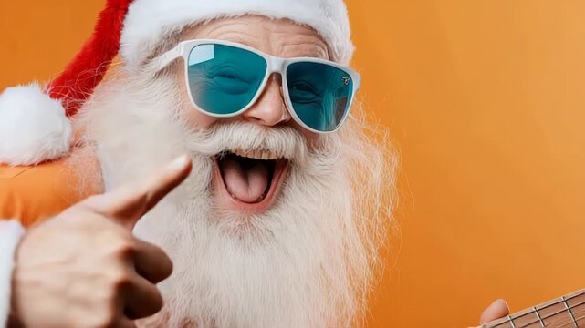 Joyful santa playing guitar in sunglasses against vibrant orange background