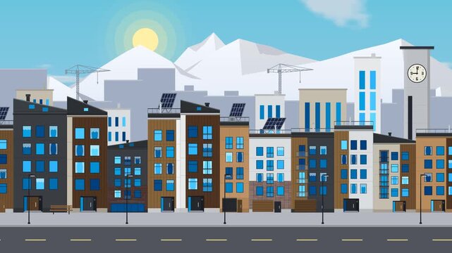 Cartoon urban skyline loopable day-to-night time lapse, modern buildings set against distant mountains