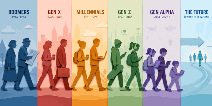 Generations timeline silhouette infographic from Boomers to Future