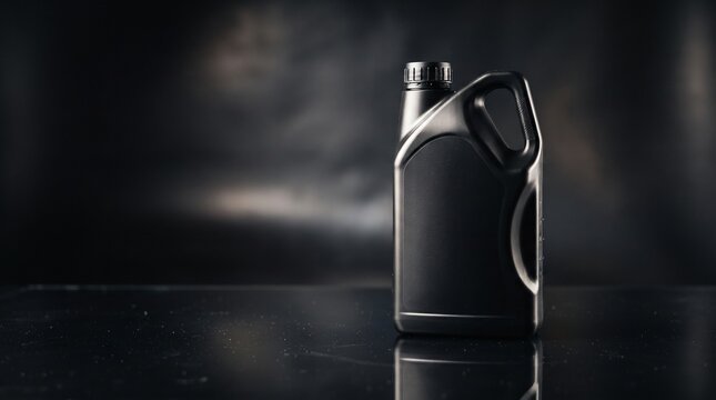 Premium Black Motor Oil Bottle on Dark Reflective Background for Automotive Lubricant Product Display