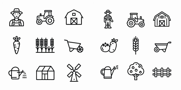 Agriculture and farming vector icon set with farmer tractor barn wheat and gardening tools in outline style