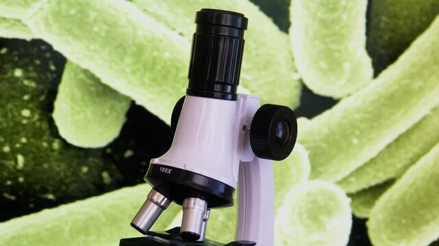 A laboratory microscope stands before a magnified E coli bacteria background symbolizing microbiology research,