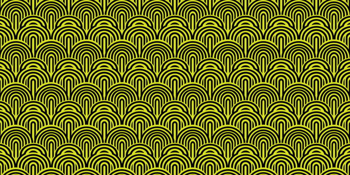 Art Deco seamless pattern with gold geometric arches, vintage fan ornament vector, luxury Gatsby style background for elegant branding and wallpaper