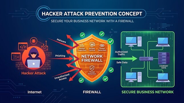 Concept of preventing hacker attacks using a firewall to safeguard corporate networks, vector illustration