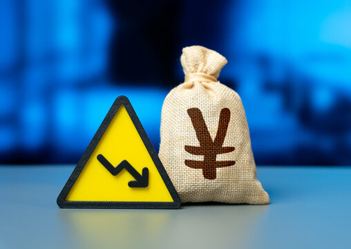 Yen or Yuan money bag and a symbol of decline. Falling real wages, falling investment. Economic downturn reduces purchasing power. Market instability signals recession risks. A contracting economy.