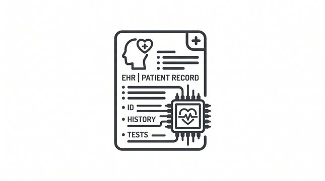 EHR Patient Record Icon Featuring Microchip and Heartbeat Line.