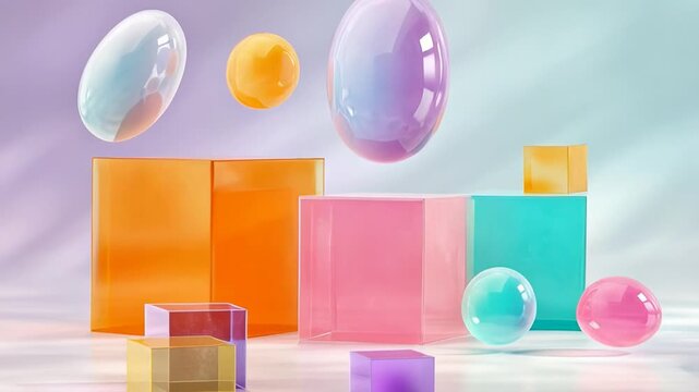 Colorful floating spheres and cubes in motion