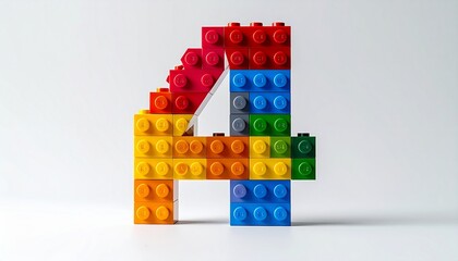 Naklejka premium Colorful plastic building block number four figure on white background creative educational toy concept for kids preschool learning count