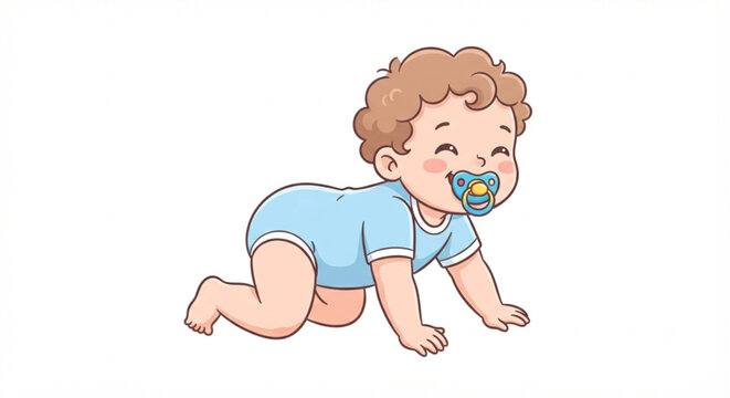 Cute crawling baby boy with pacifier in blue romper vector illustration on white background