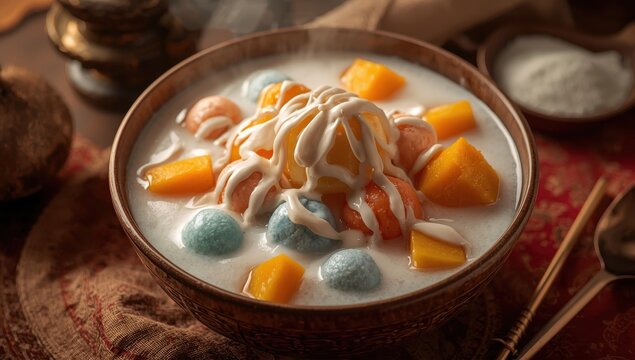 Warm, sweet Asian dessert Bua Loy features pumpkin and vibrant tapioca balls in coconut milk.