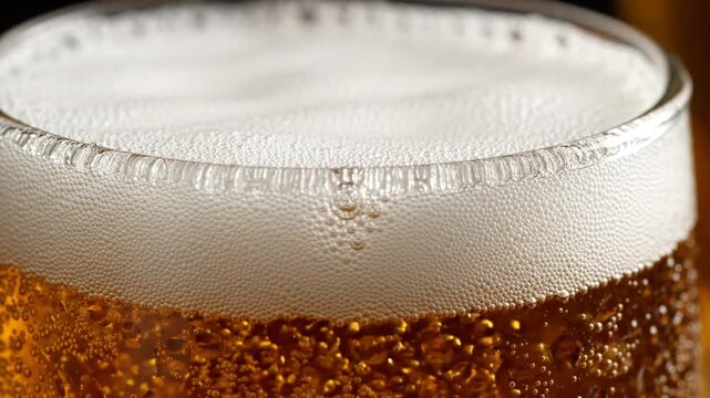 Close-up of golden beer with frothy white head in a clear glass, refreshing beverage