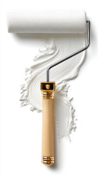 Paint roller applying white paint on a white background for DIY home improvement. A paint roller with white paint creates a textured stroke, perfect for home renovation projects and DIY enthusiasts