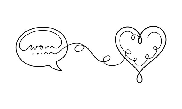 Whimsical speech bubble with heart connected by curly line drawing isolated on transparent background, isolated on white background, Vector, illustration World Mental Health Day 2027 one line art vect