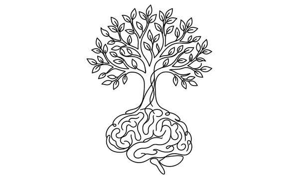 Brain growing roots transforming into a tree illustration isolated on transparent background, isolated on white background, Vector, illustration World Mental Health Day 2027 one line art vector editab