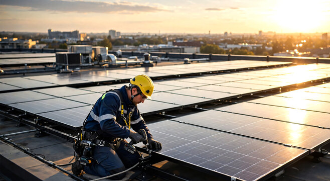 A skilled solar installation technician kneeling on a rooftop while assembling a modern photovoltaic system with precision and attention to safety. 