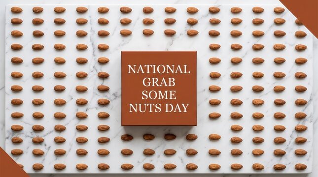 National Grab Some Nuts Day banner with neatly arranged almonds pattern on marble background